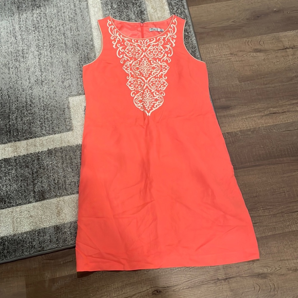 Eliza J coral and gold shift dress